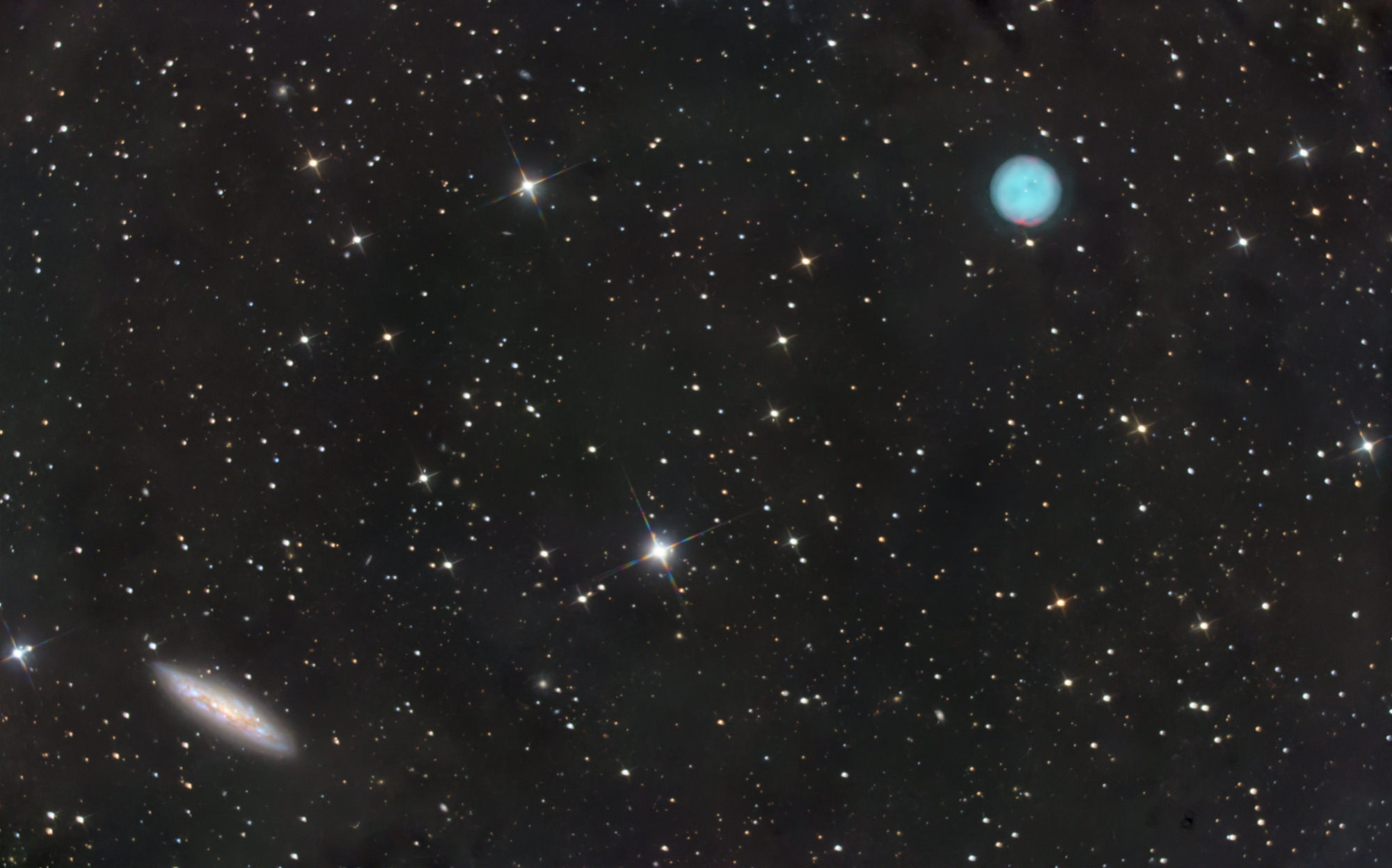 Top right: Planetary nebulae "Owl Nebula, Messier 97" and Botton left: "Surfboard Galaxy Messier 108"